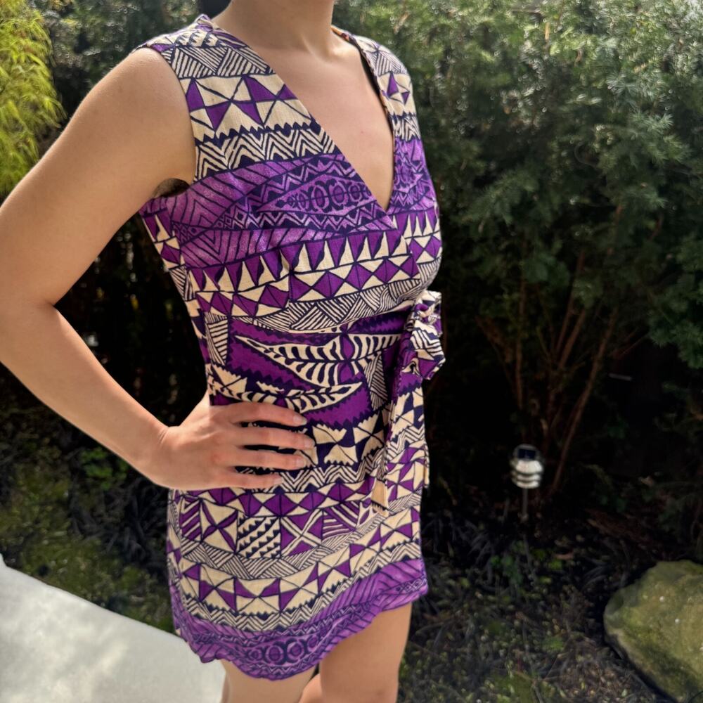 60s 70s Vintage Malihini Hawaii Dress Purple Wrap Mini Dress Womens XS/S